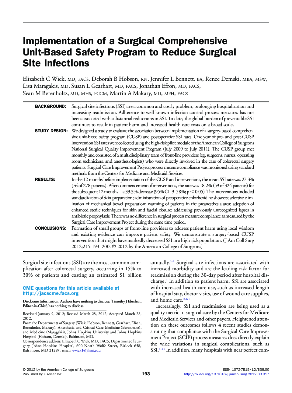 Implementation of a Surgical Comprehensive Unit-Based Safety Program to Reduce Surgical Site Infections 