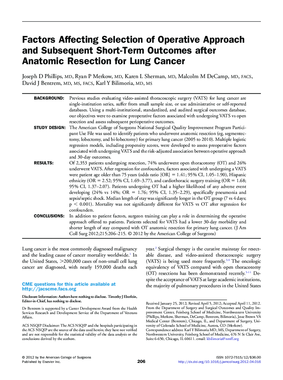 Factors Affecting Selection of Operative Approach and Subsequent Short-Term Outcomes after Anatomic Resection for Lung Cancer 