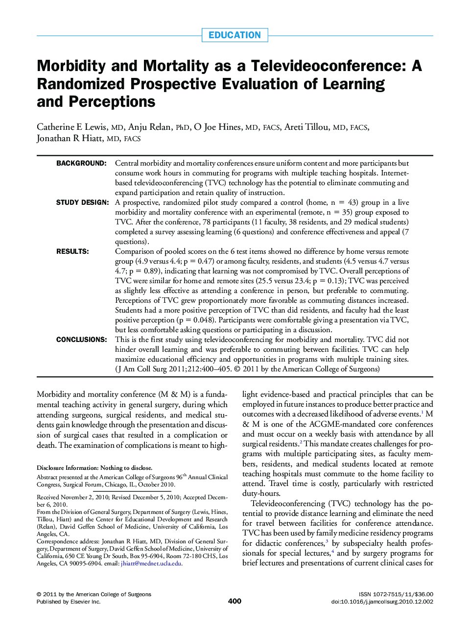 Morbidity and Mortality as a Televideoconference: A Randomized Prospective Evaluation of Learning and Perceptions 