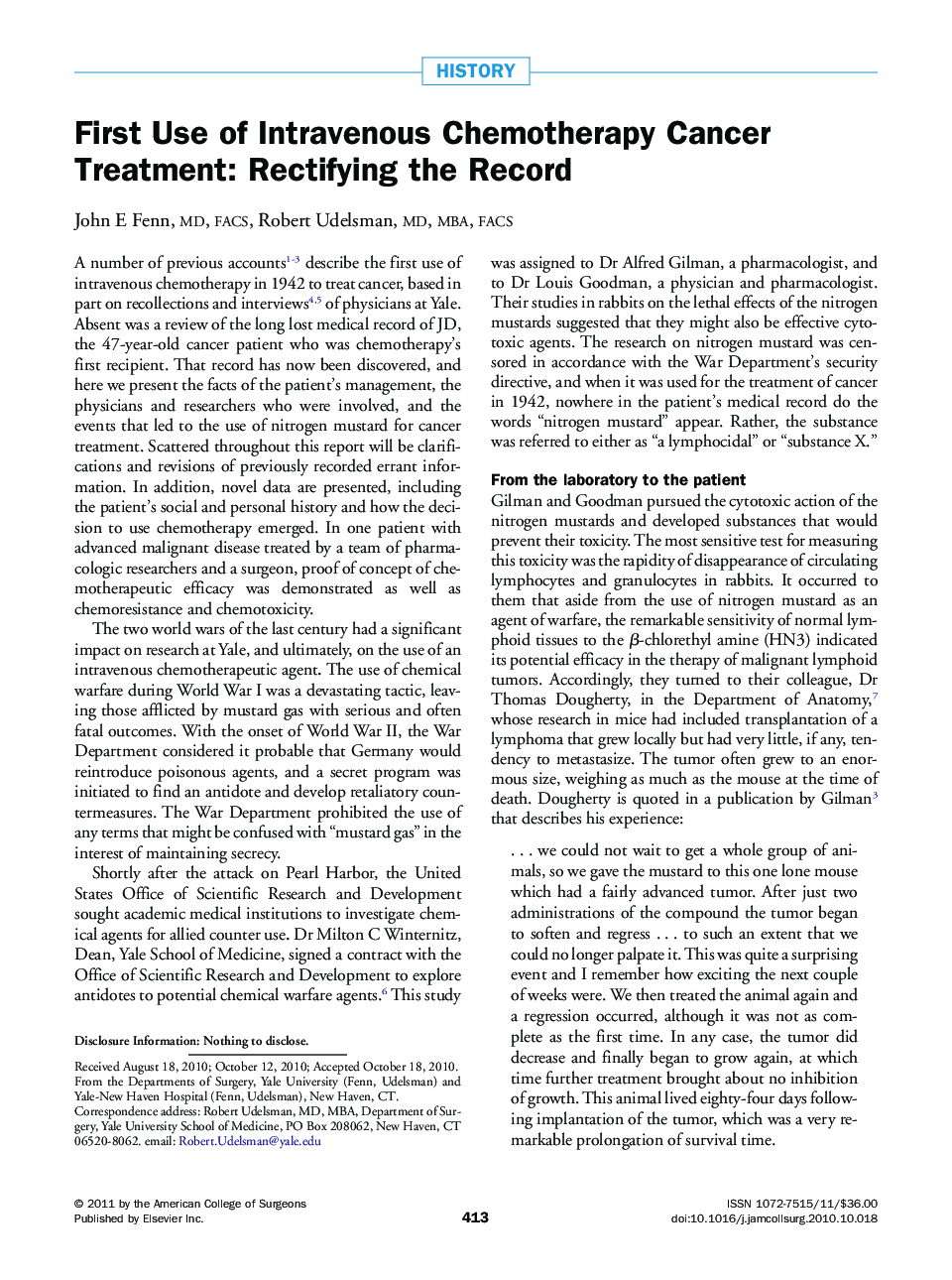 First Use of Intravenous Chemotherapy Cancer Treatment: Rectifying the Record
