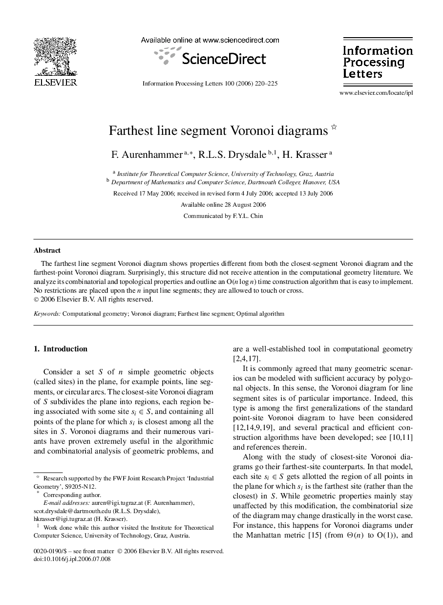 Farthest line segment Voronoi diagrams 