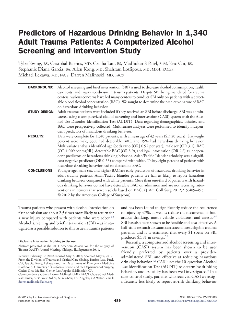 Predictors of Hazardous Drinking Behavior in 1,340 Adult Trauma Patients: A Computerized Alcohol Screening and Intervention Study 