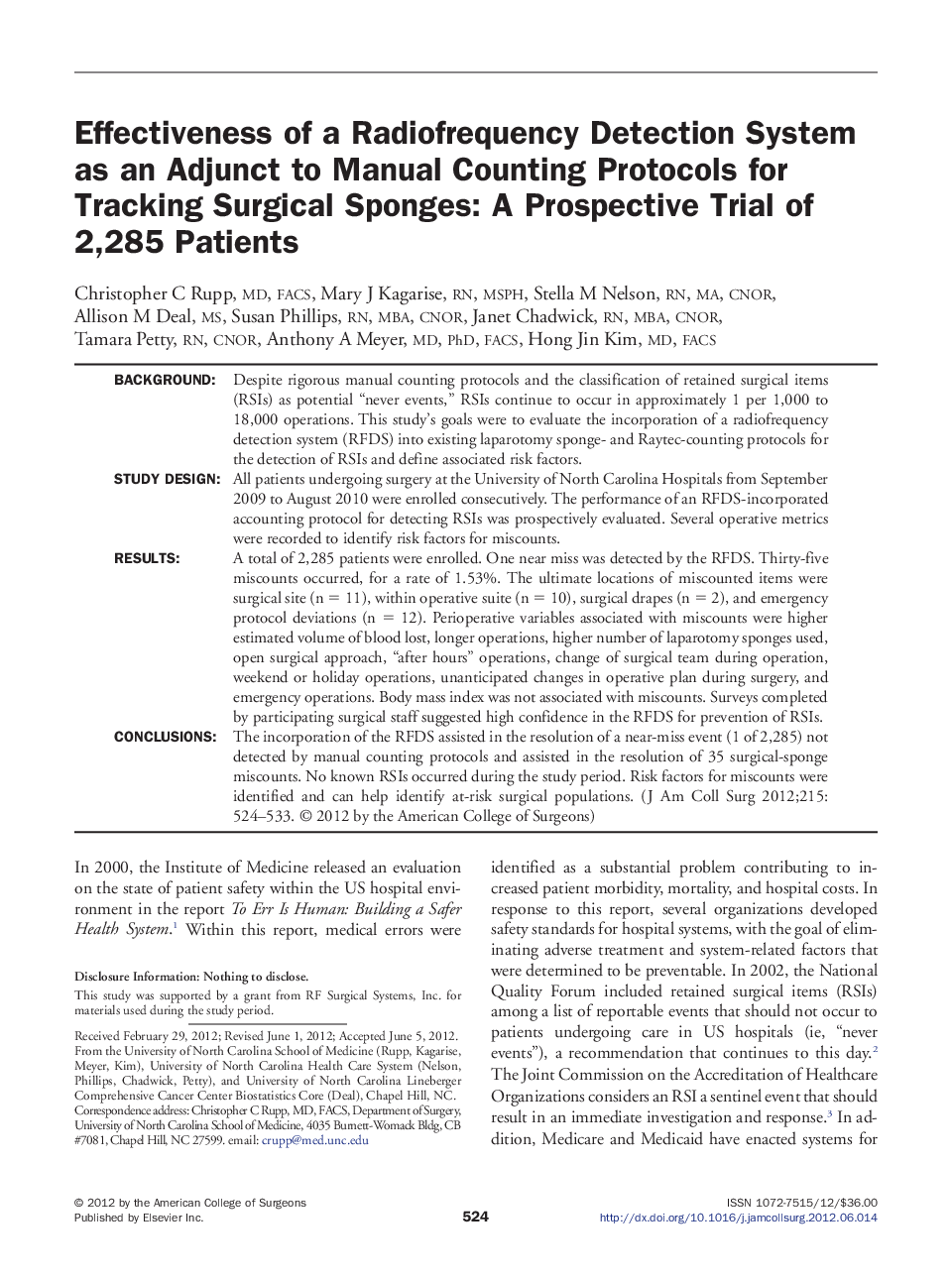 Effectiveness of a Radiofrequency Detection System as an Adjunct to Manual Counting Protocols for Tracking Surgical Sponges: A Prospective Trial of 2,285 Patients 