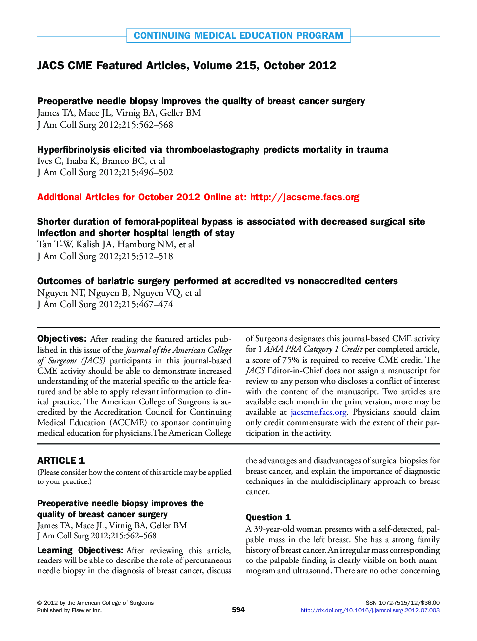 JACS CME Featured Articles, Volume 215, October 2012