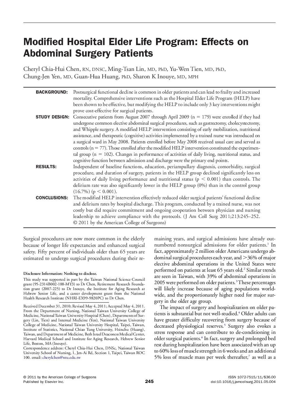 Modified Hospital Elder Life Program: Effects on Abdominal Surgery Patients 