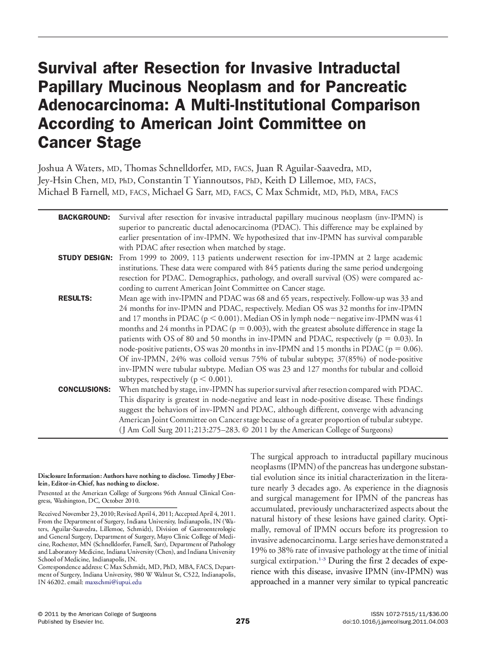 Survival after Resection for Invasive Intraductal Papillary Mucinous Neoplasm and for Pancreatic Adenocarcinoma: A Multi-Institutional Comparison According to American Joint Committee on Cancer Stage 