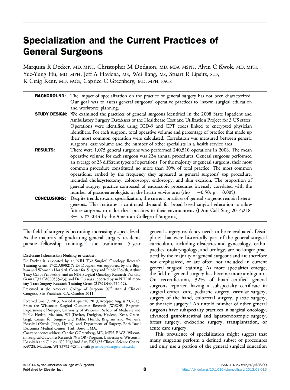 Specialization and the Current Practices of General Surgeons 