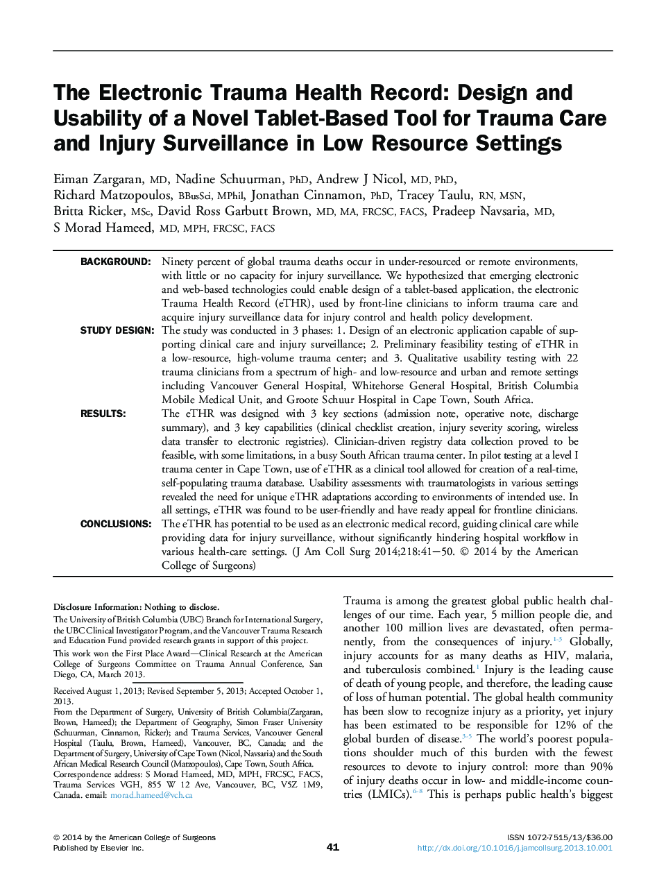 The Electronic Trauma Health Record: Design and Usability of a Novel Tablet-Based Tool for Trauma Care and Injury Surveillance in Low Resource Settings 