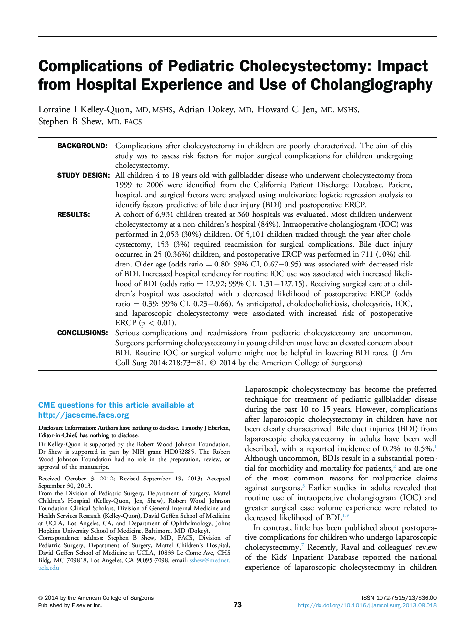 Complications of Pediatric Cholecystectomy: Impact from Hospital Experience and Use of Cholangiography 