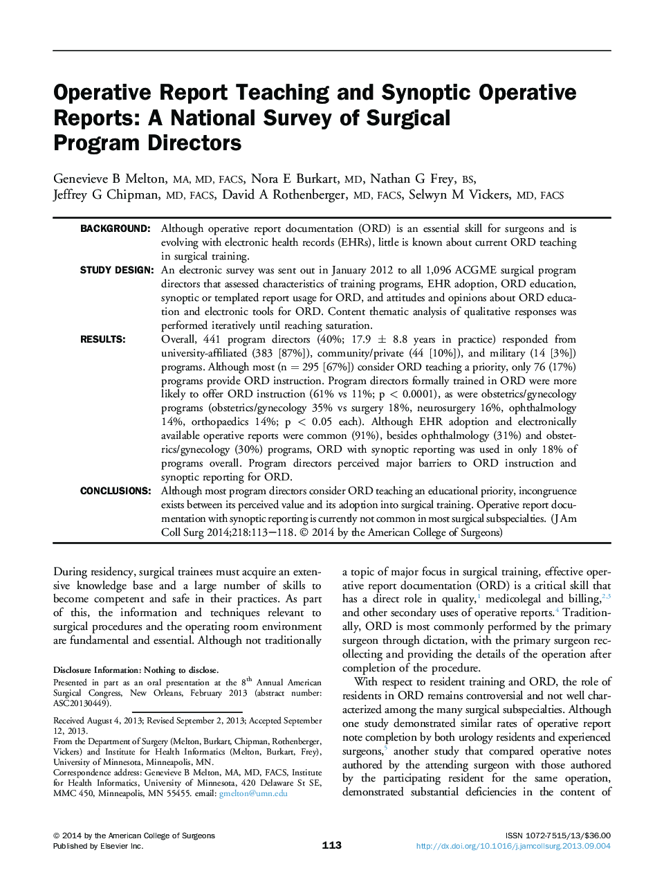 Operative Report Teaching and Synoptic Operative Reports: A National Survey of Surgical Program Directors 