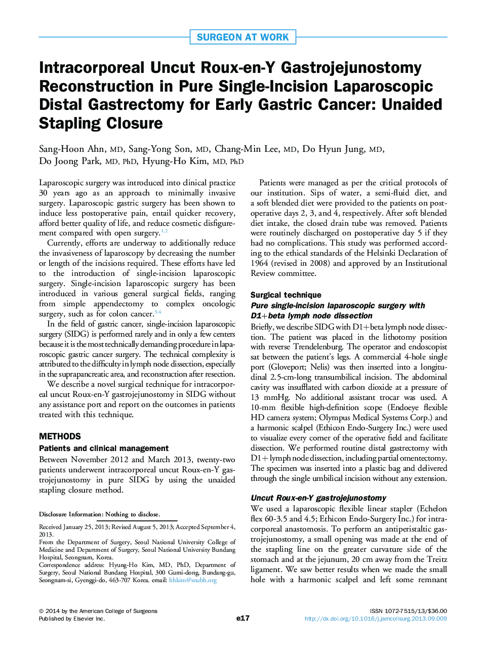 Intracorporeal Uncut Roux-en-Y Gastrojejunostomy Reconstruction in Pure Single-Incision Laparoscopic Distal Gastrectomy for Early Gastric Cancer: Unaided Stapling Closure