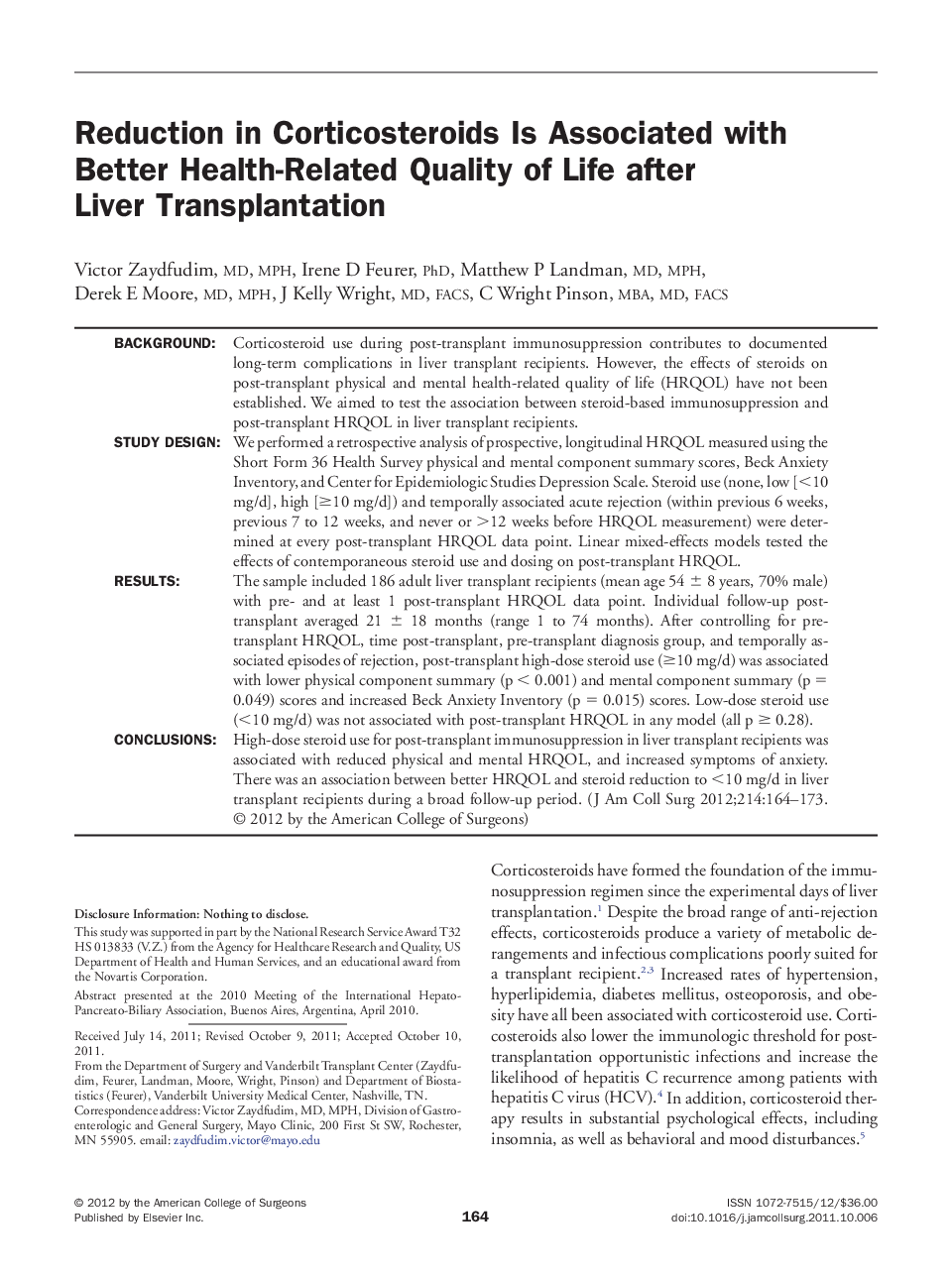 Reduction in Corticosteroids Is Associated with Better Health-Related Quality of Life after Liver Transplantation 