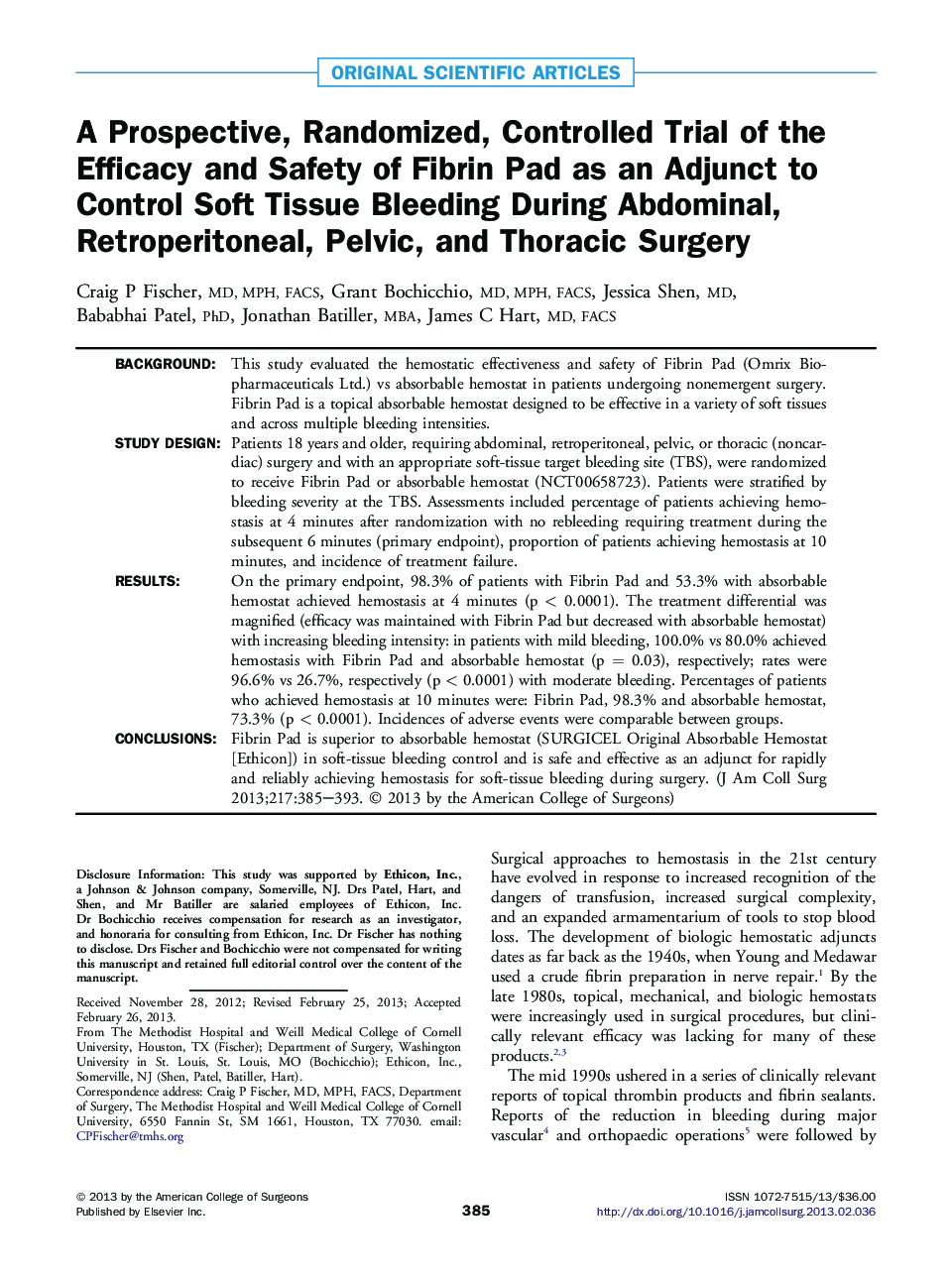 A Prospective, Randomized, Controlled Trial of the Efficacy and Safety of Fibrin Pad as an Adjunct to Control Soft Tissue Bleeding During Abdominal, Retroperitoneal, Pelvic, and Thoracic Surgery 