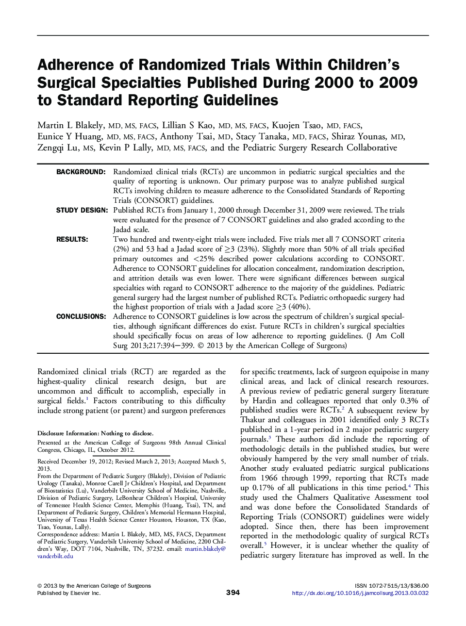 Adherence of Randomized Trials Within Children's Surgical Specialties Published During 2000 to 2009 to Standard Reporting Guidelines