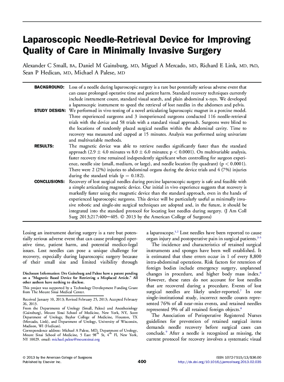 Laparoscopic Needle-Retrieval Device for Improving Quality of Care in Minimally Invasive Surgery 