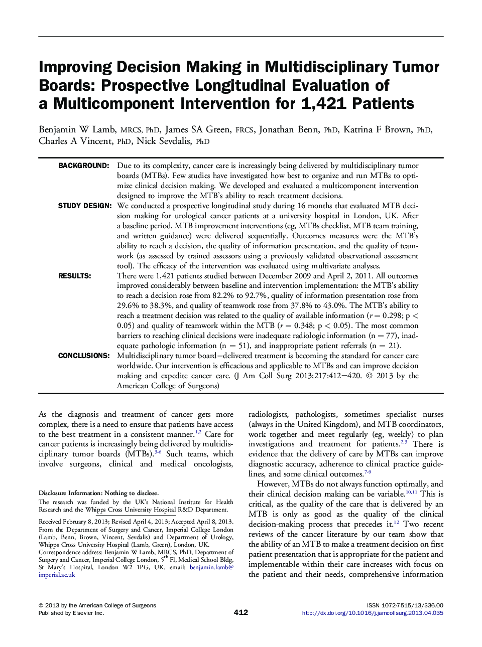 Improving Decision Making in Multidisciplinary Tumor Boards: Prospective Longitudinal Evaluation of a Multicomponent Intervention for 1,421 Patients 