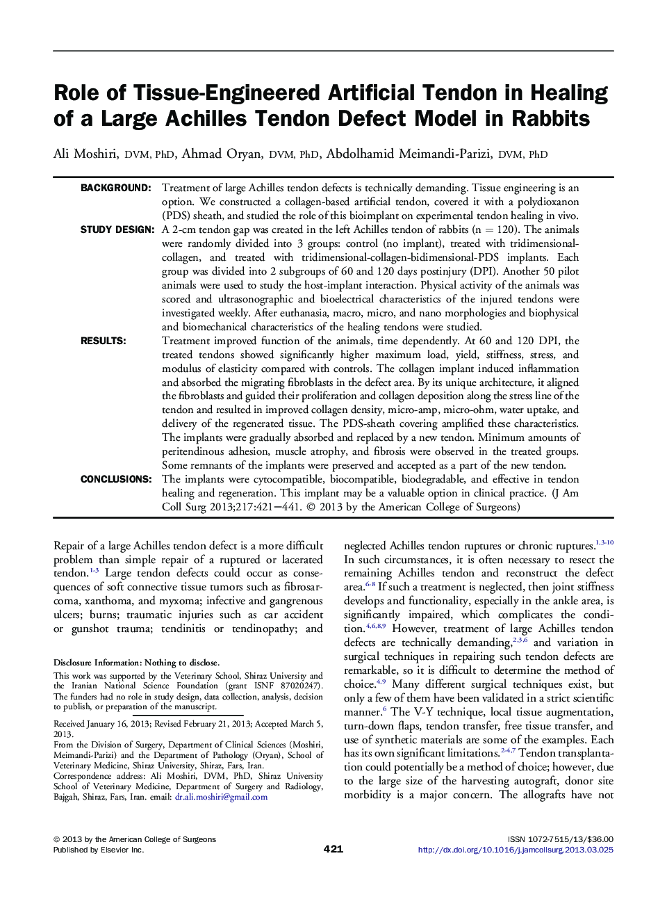 Role of Tissue-Engineered Artificial Tendon in Healing of a Large Achilles Tendon Defect Model in Rabbits