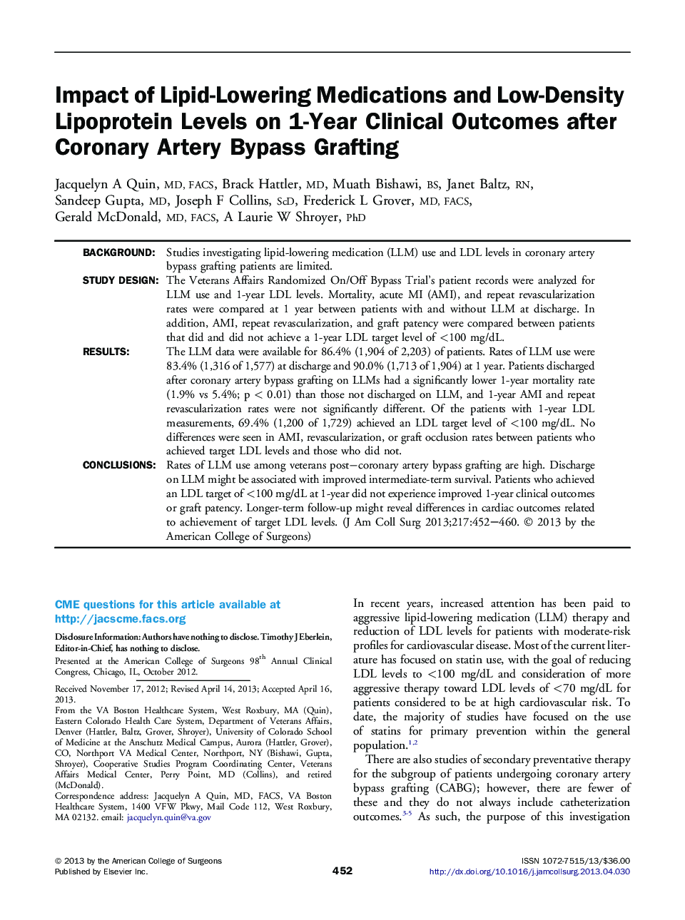 Impact of Lipid-Lowering Medications and Low-Density Lipoprotein Levels on 1-Year Clinical Outcomes after Coronary Artery Bypass Grafting 