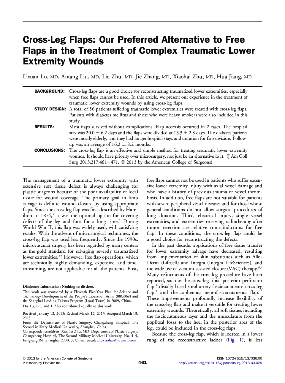 Cross-Leg Flaps: Our Preferred Alternative to Free Flaps in the Treatment of Complex Traumatic Lower Extremity Wounds 