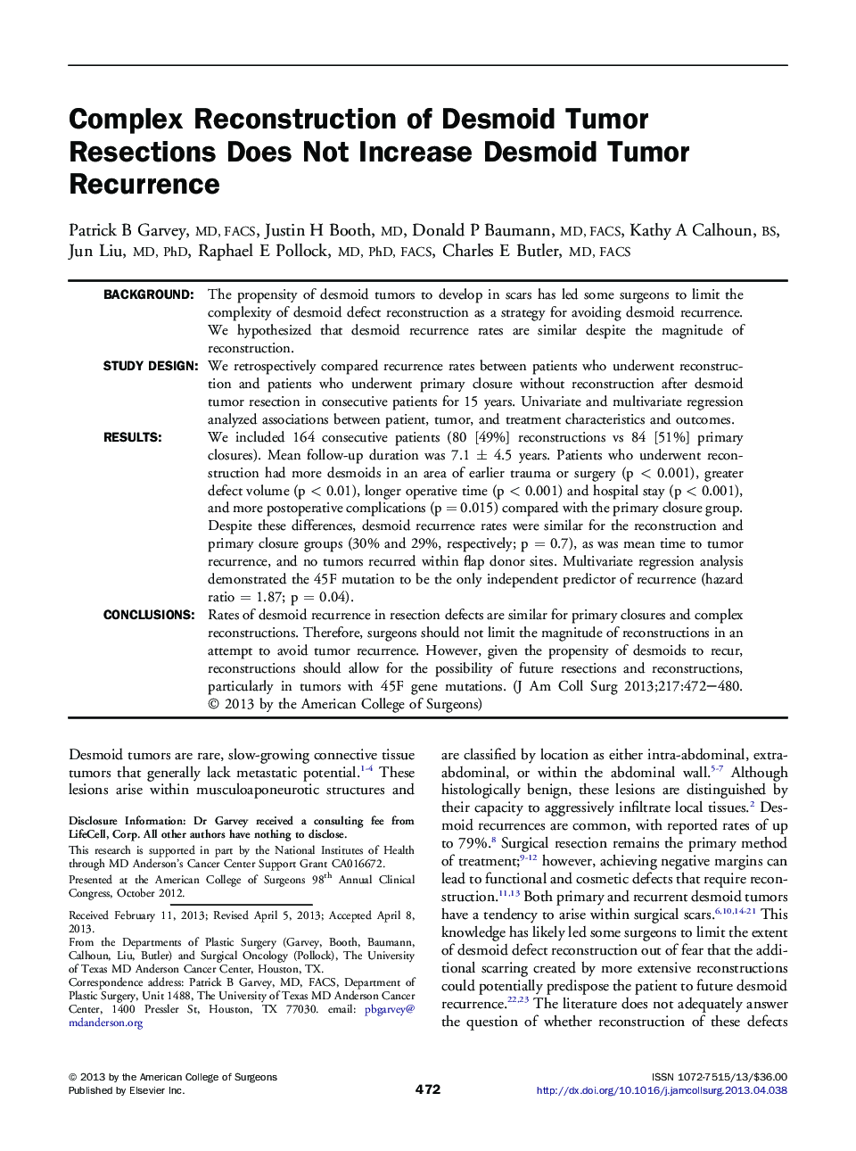 Complex Reconstruction of Desmoid Tumor Resections Does Not Increase Desmoid Tumor Recurrence 