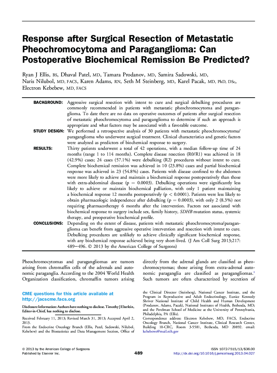 Response after Surgical Resection of Metastatic Pheochromocytoma and Paraganglioma: Can Postoperative Biochemical Remission Be Predicted? 