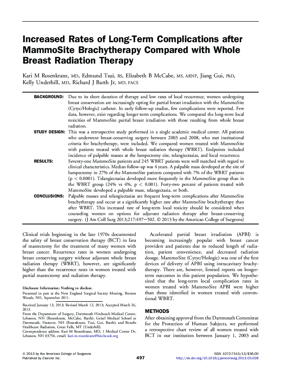 Increased Rates of Long-Term Complications after MammoSite Brachytherapy Compared with Whole Breast Radiation Therapy 