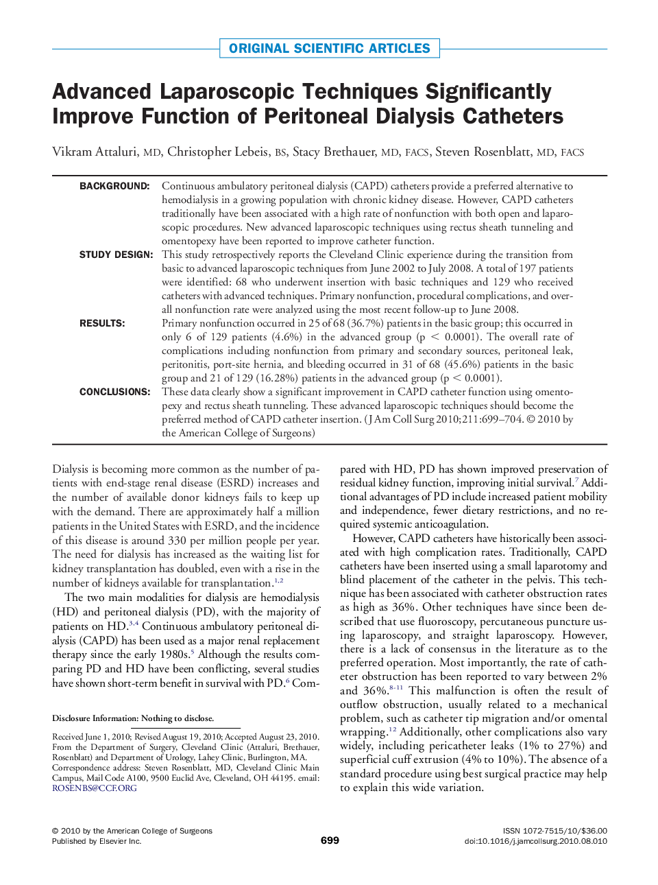 Advanced Laparoscopic Techniques Significantly Improve Function of Peritoneal Dialysis Catheters 