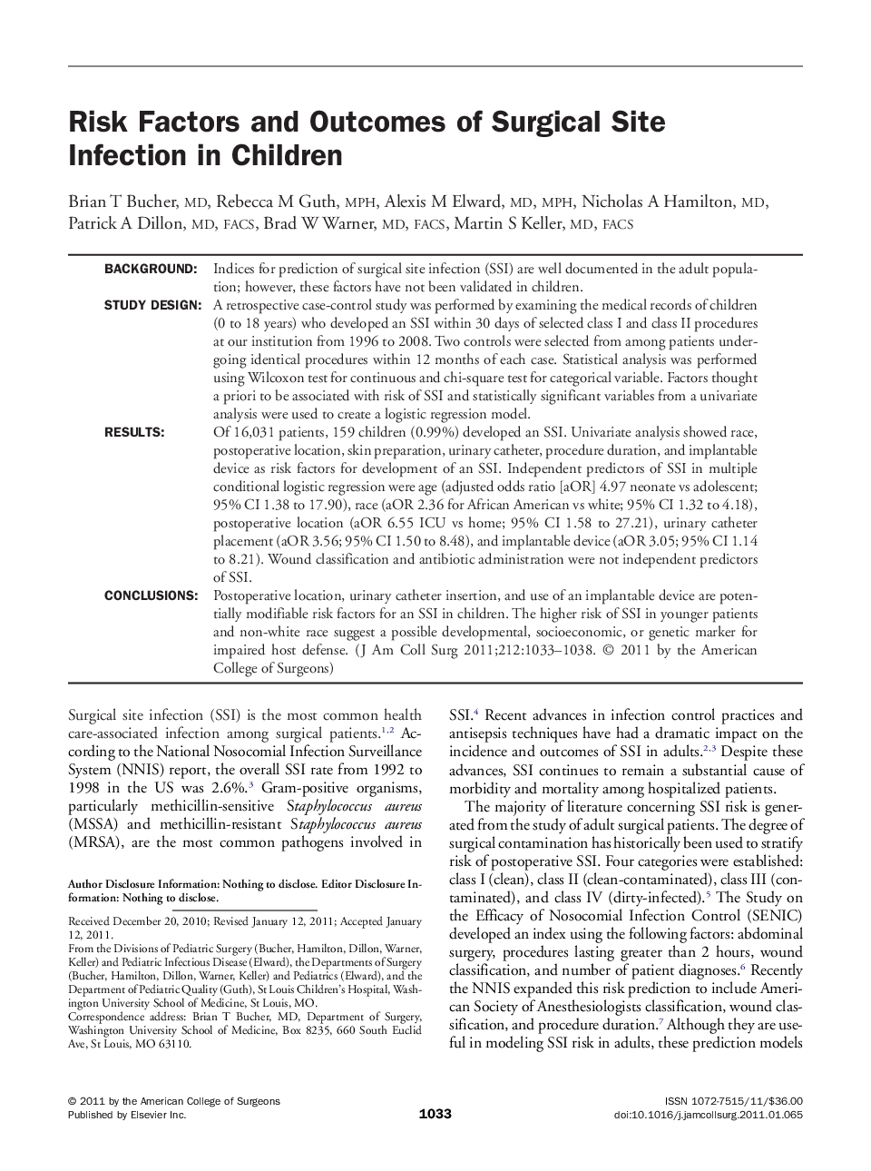 Risk Factors and Outcomes of Surgical Site Infection in Children