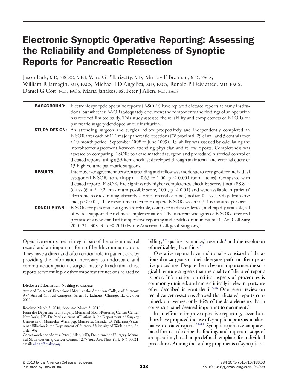 Electronic Synoptic Operative Reporting: Assessing the Reliability and Completeness of Synoptic Reports for Pancreatic Resection 