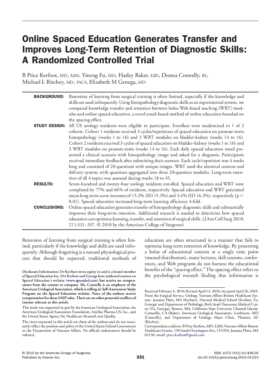 Online Spaced Education Generates Transfer and Improves Long-Term Retention of Diagnostic Skills: A Randomized Controlled Trial