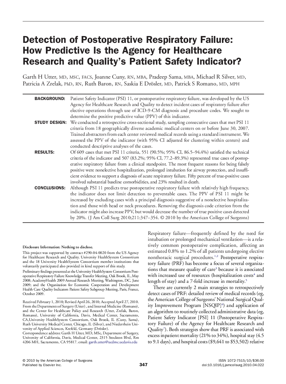 Detection of Postoperative Respiratory Failure: How Predictive Is the Agency for Healthcare Research and Quality's Patient Safety Indicator?