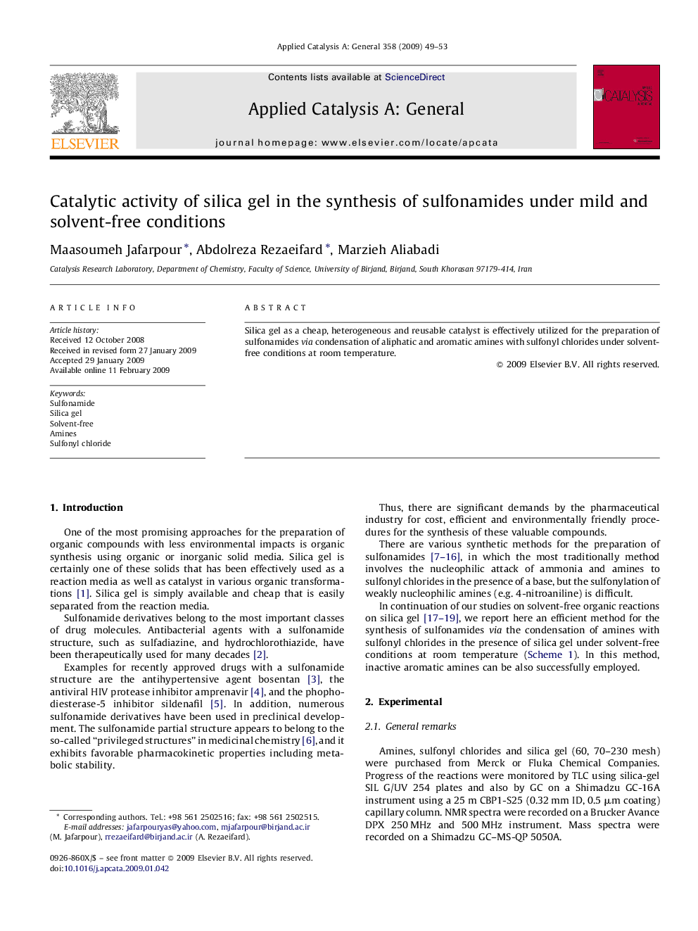 Catalytic activity of silica gel in the synthesis of sulfonamides under mild and solvent-free conditions