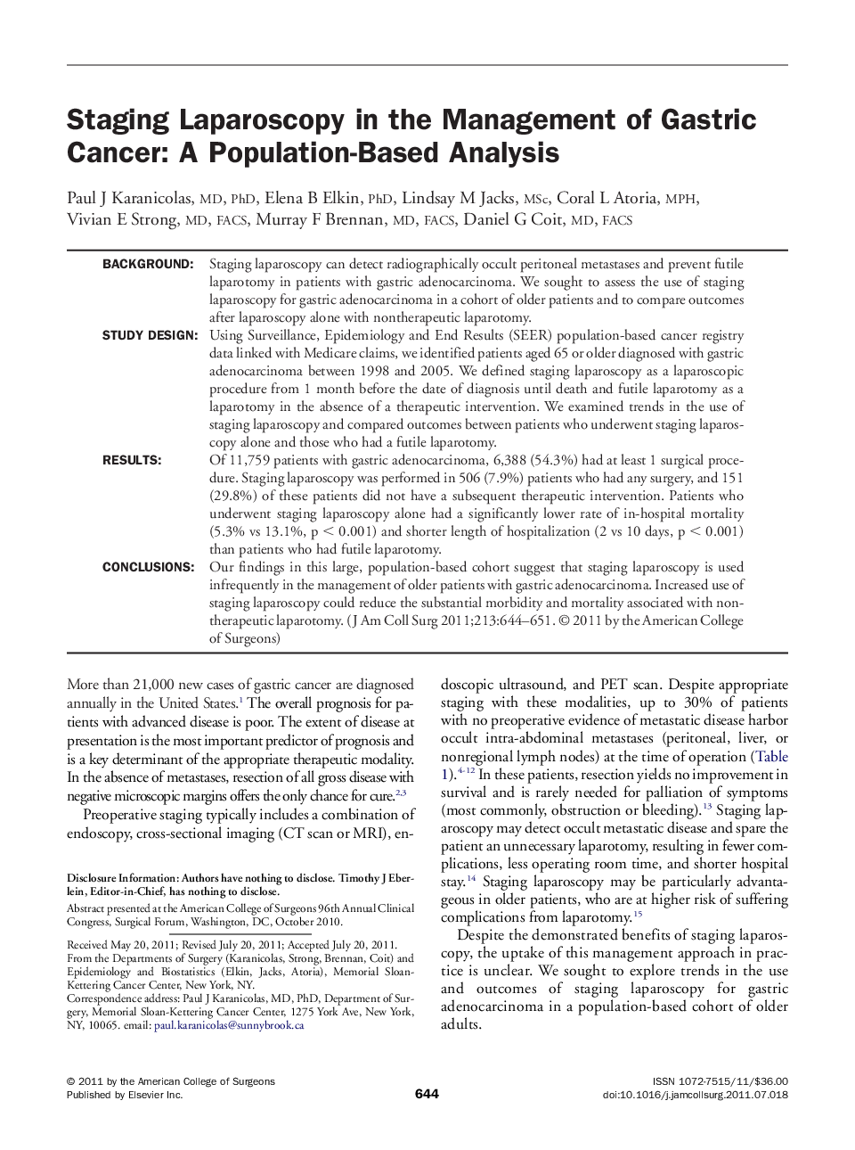 Staging Laparoscopy in the Management of Gastric Cancer: A Population-Based Analysis