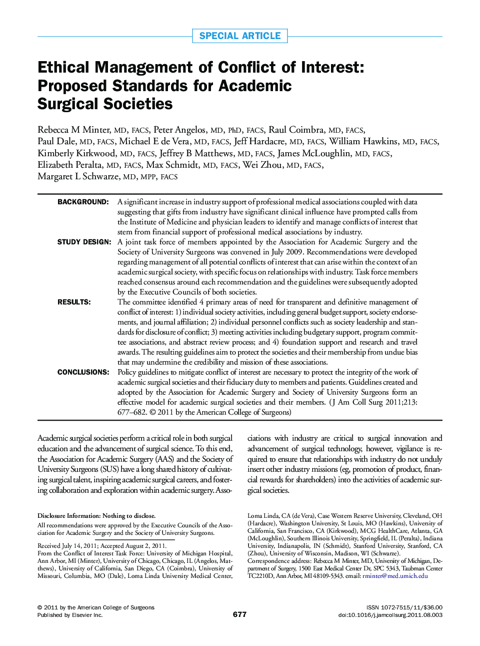 Ethical Management of Conflict of Interest: Proposed Standards for Academic Surgical Societies 