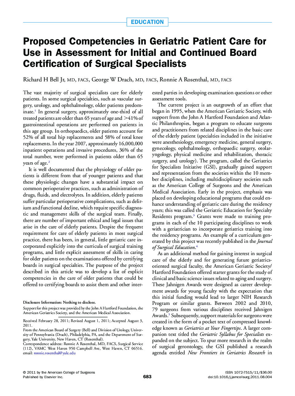 Proposed Competencies in Geriatric Patient Care for Use in Assessment for Initial and Continued Board Certification of Surgical Specialists