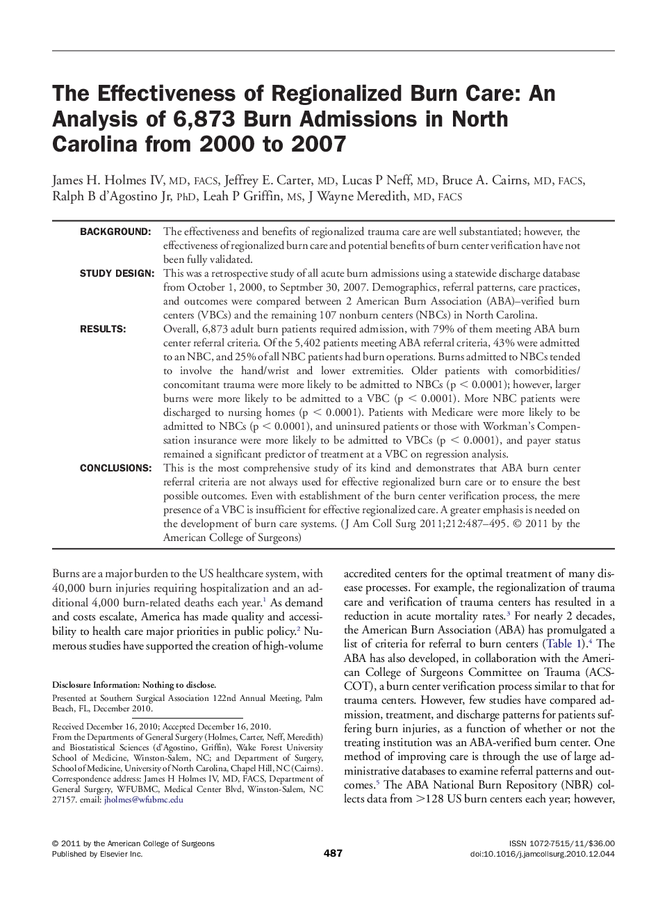 The Effectiveness of Regionalized Burn Care: An Analysis of 6,873 Burn Admissions in North Carolina from 2000 to 2007