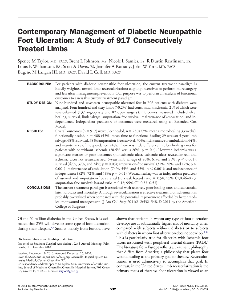 عکس صفحه اول مقاله: Contemporary Management of Diabetic Neuropathic Foot Ulceration: A Study of 917 Consecutively Treated Limbs Contemporary Management of Diabetic Neuropathic Foot Ulceration: A Study of 917 Consecutively Treated Limbs