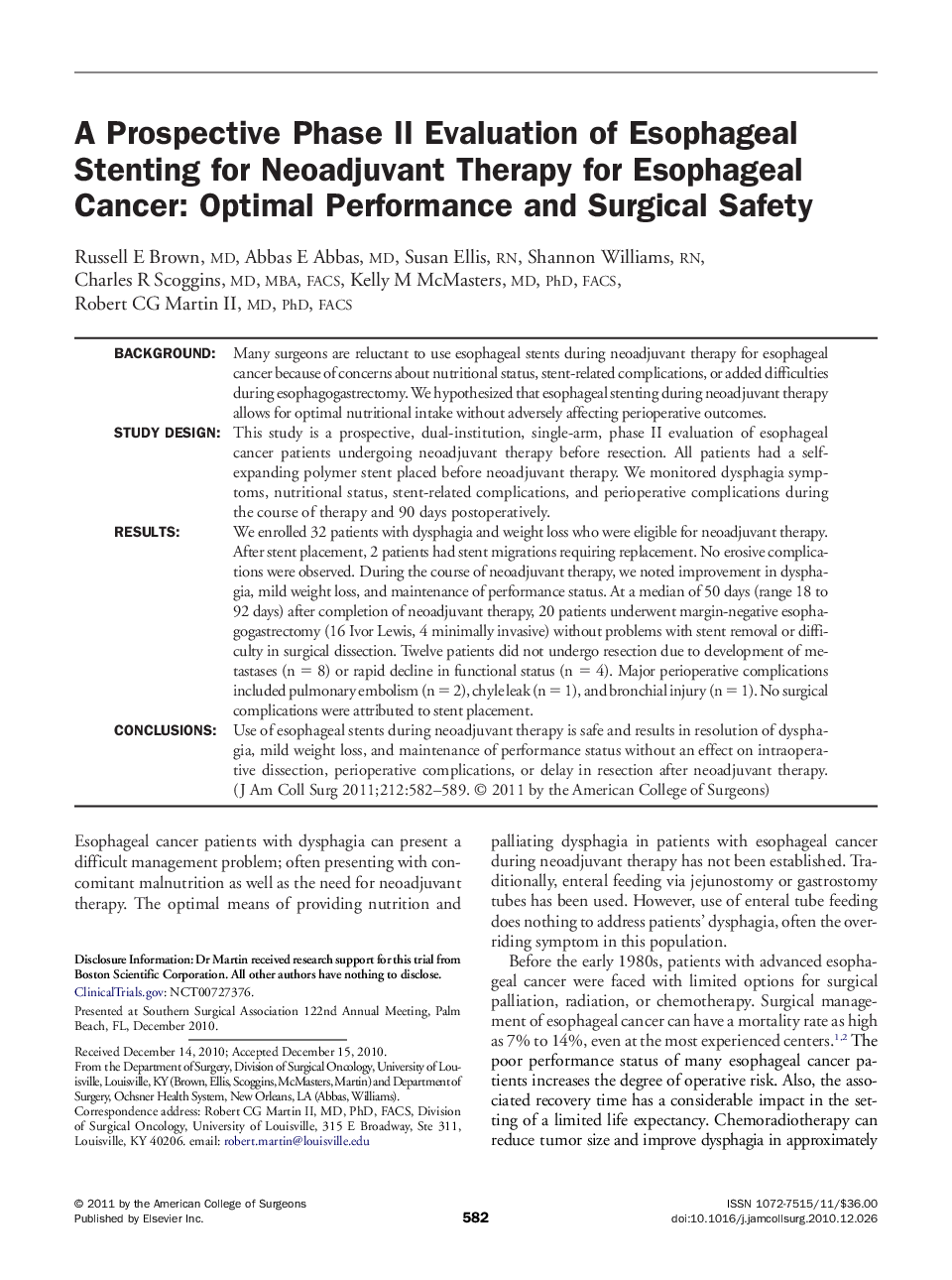 A Prospective Phase II Evaluation of Esophageal Stenting for Neoadjuvant Therapy for Esophageal Cancer: Optimal Performance and Surgical Safety 