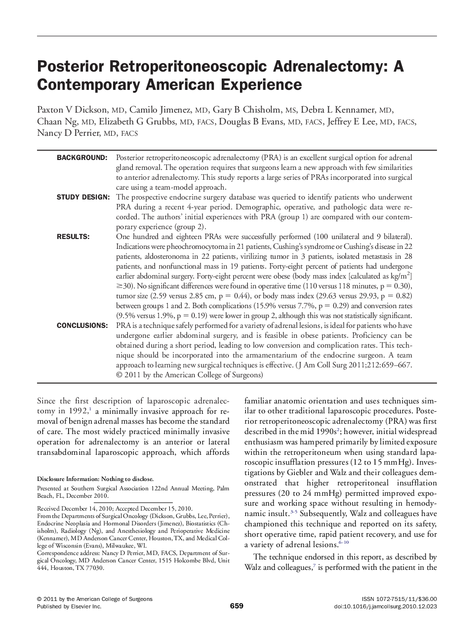 عکس صفحه اول مقاله: Posterior Retroperitoneoscopic Adrenalectomy: A Contemporary American Experience Posterior Retroperitoneoscopic Adrenalectomy: A Contemporary American Experience