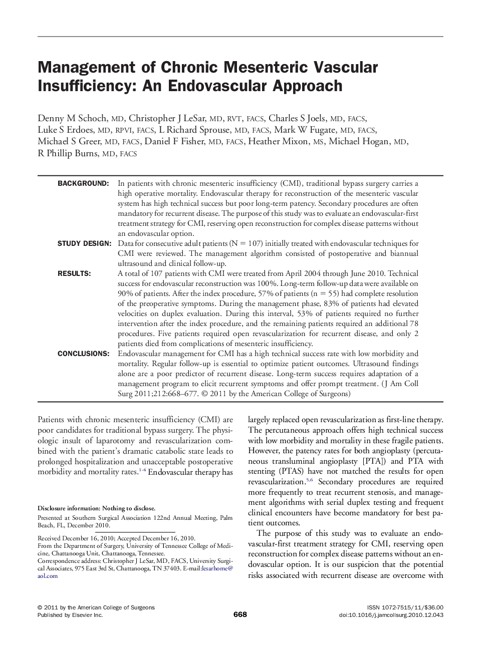 Management of Chronic Mesenteric Vascular Insufficiency: An Endovascular Approach 