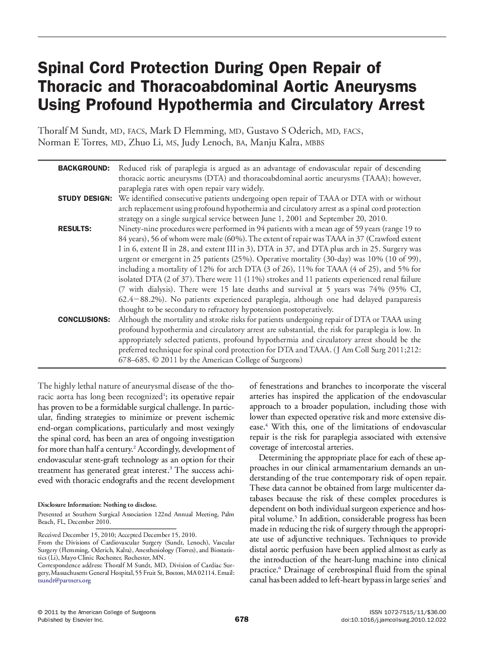 عکس صفحه اول مقاله: Spinal Cord Protection During Open Repair of Thoracic and Thoracoabdominal Aortic Aneurysms Using Profound Hypothermia and Circulatory Arrest Spinal Cord Protection During Open Repair of Thoracic and Thoracoabdominal Aortic Aneurysms Using Profound Hypothermia and Circulatory Arrest