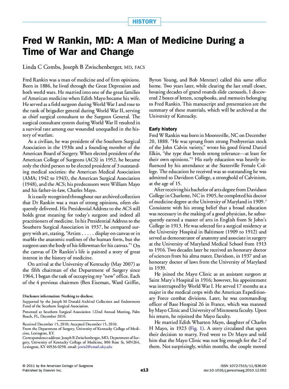 عکس صفحه اول مقاله: Fred W Rankin, MD: A Man of Medicine During a Time of War and Change Fred W Rankin, MD: A Man of Medicine During a Time of War and Change