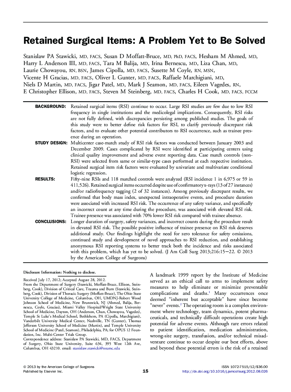 Retained Surgical Items: A Problem Yet to Be Solved 