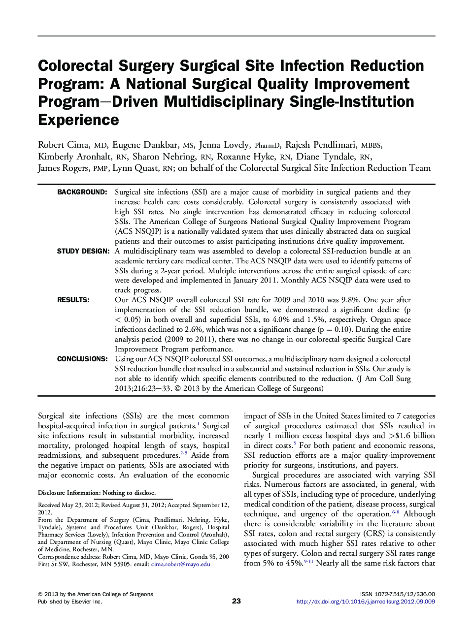 Colorectal Surgery Surgical Site Infection Reduction Program: A National Surgical Quality Improvement Program–Driven Multidisciplinary Single-Institution Experience 
