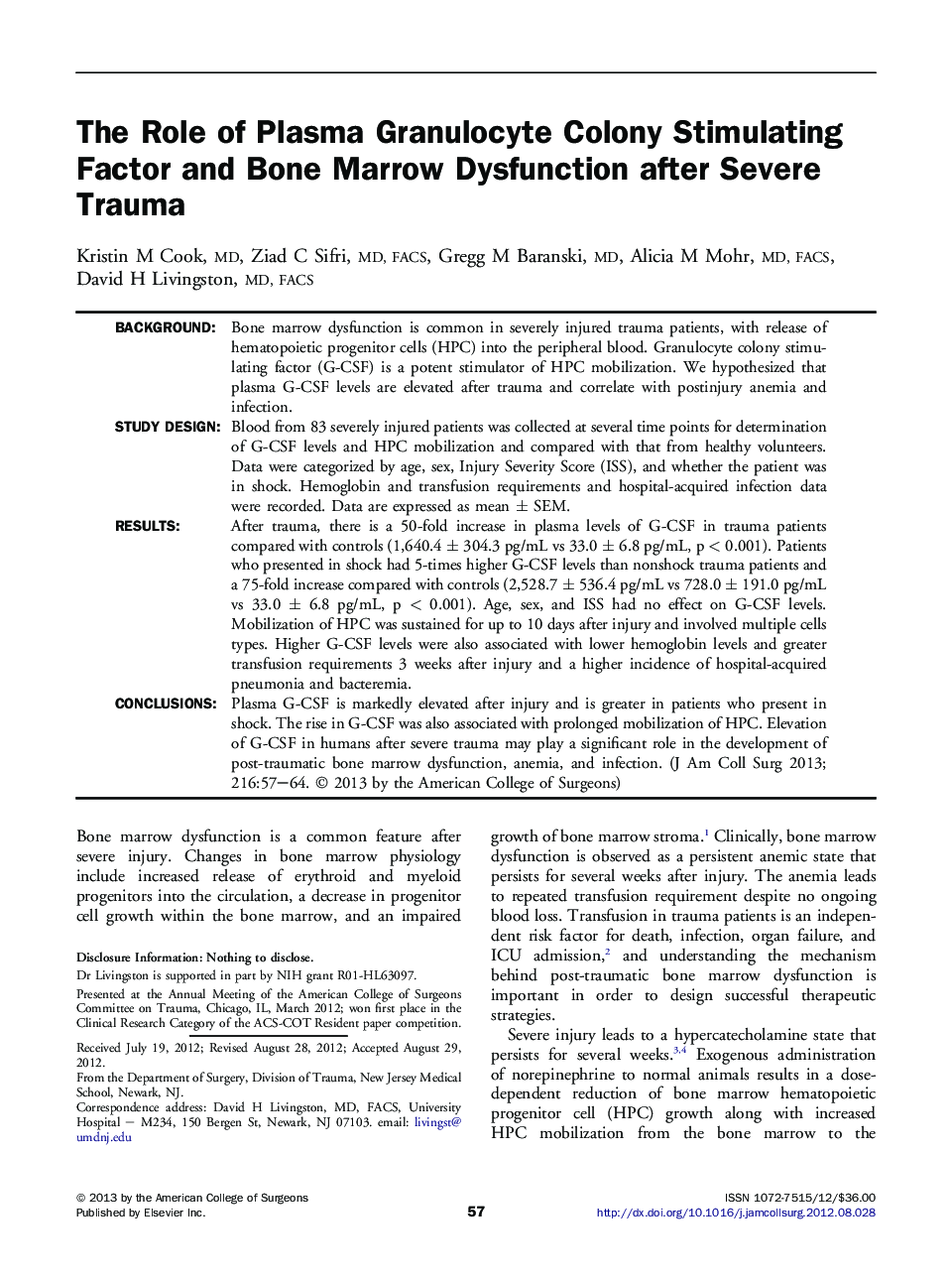 The Role of Plasma Granulocyte Colony Stimulating Factor and Bone Marrow Dysfunction after Severe Trauma 