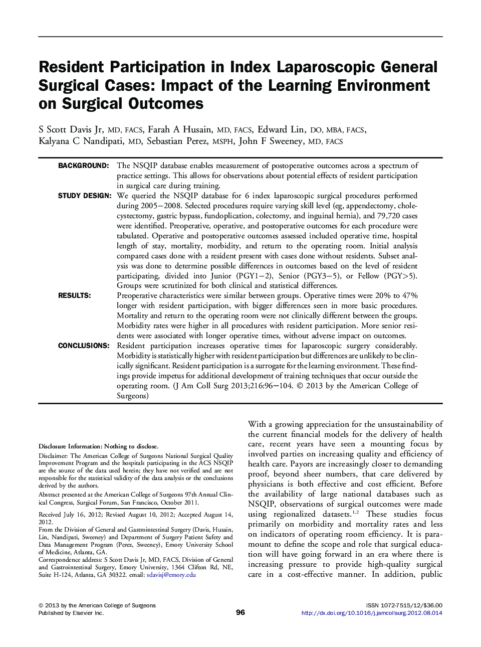 Resident Participation in Index Laparoscopic General Surgical Cases: Impact of the Learning Environment on Surgical Outcomes 