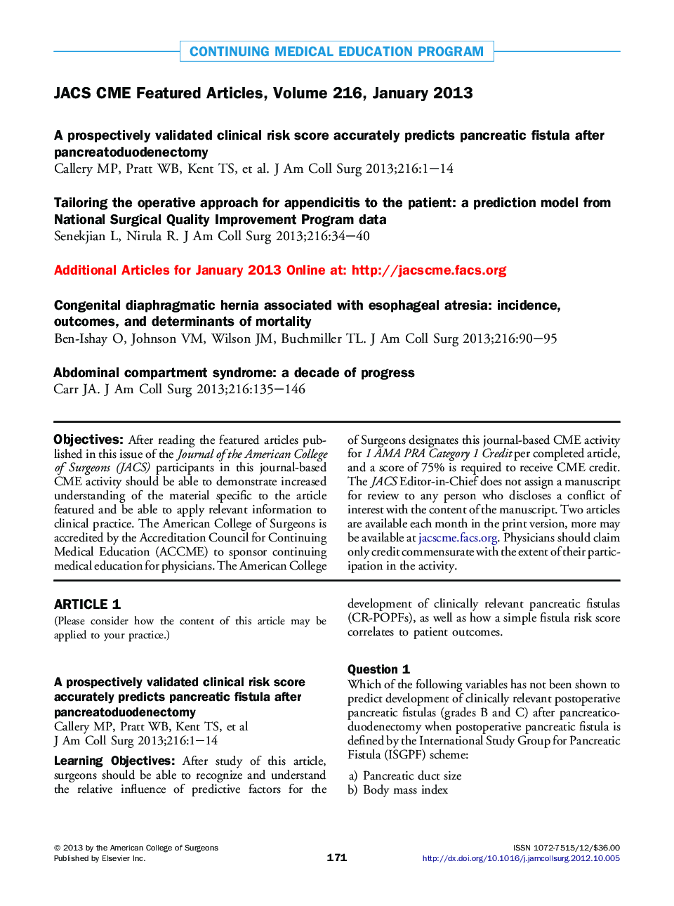 JACS CME Featured Articles, Volume 216, January 2013