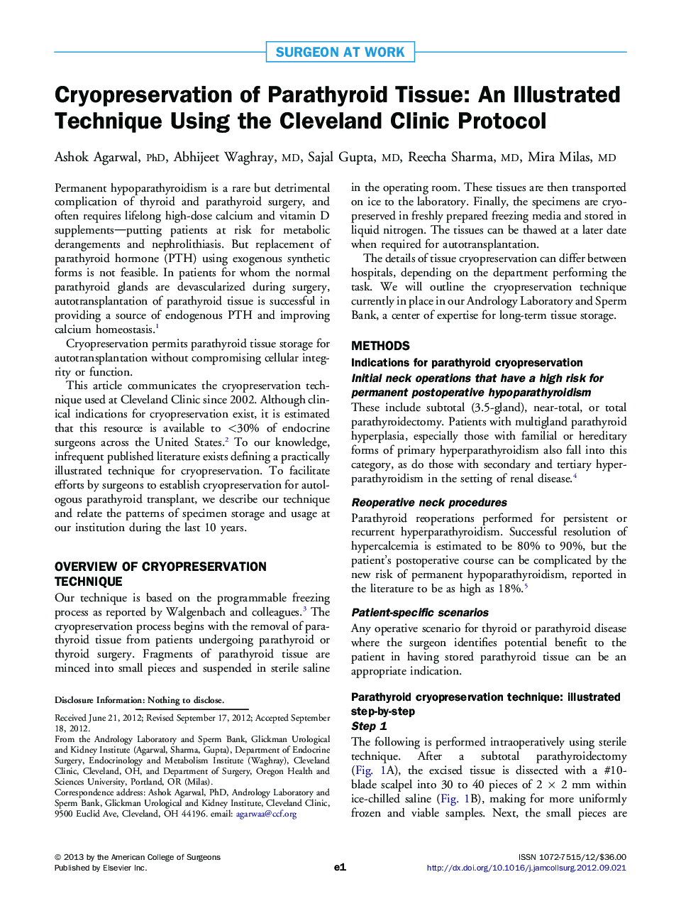 Cryopreservation of Parathyroid Tissue: An Illustrated Technique Using the Cleveland Clinic Protocol