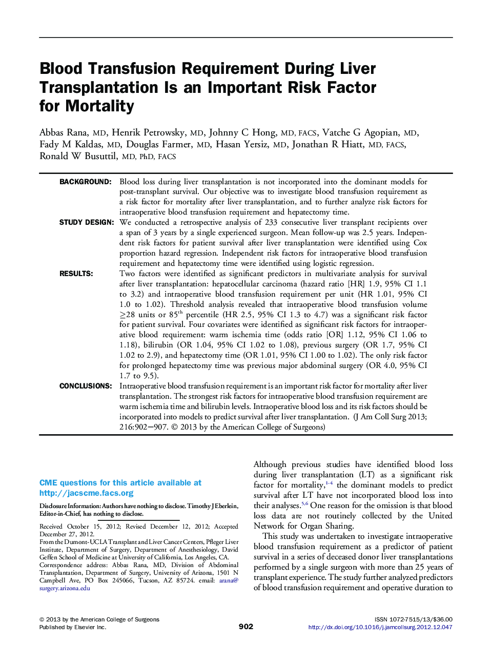 عکس صفحه اول مقاله: Blood Transfusion Requirement During Liver Transplantation Is an Important Risk Factor for Mortality Blood Transfusion Requirement During Liver Transplantation Is an Important Risk Factor for Mortality