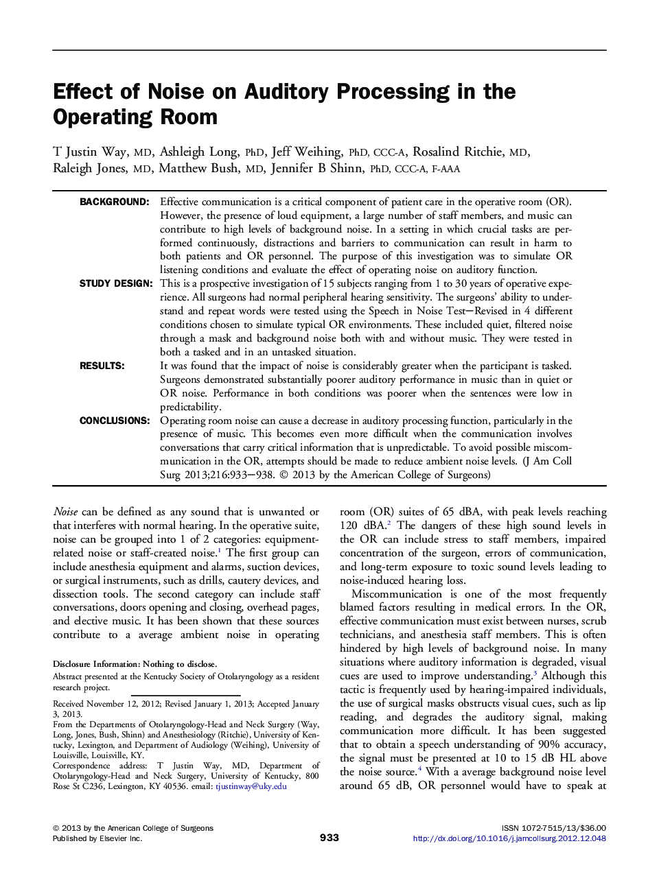 Effect of Noise on Auditory Processing in the Operating Room 